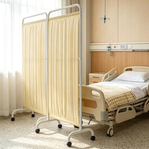 Built Tough Portable Room Divider Beige Medical Privacy Screen With Smooth Rolling Lockable Casters Heavy Duty Oxford Partition Screen in hospital setting.
