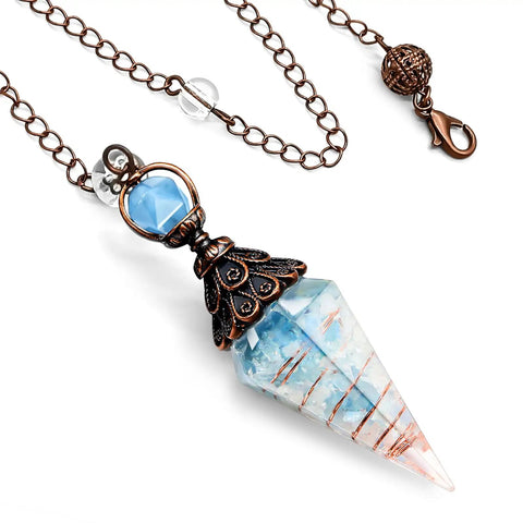 Crystal Copper Pendulum For Divination And Energy Balancing With Real Aquamarine Chip Crystals, Dowsing Tool With Sturdy Chain