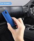 Hand using 6 Pack Screen Cleaner Kit 2 In 1 Touchscreen Mist Cleaner on car dashboard screen with microfiber cloth wipe.