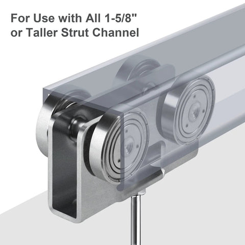 Upgraded Four Wheel Trolley Assembly For Light Duty Use With All Strut Channel One And Five Eighths Inches Or Taller, side view