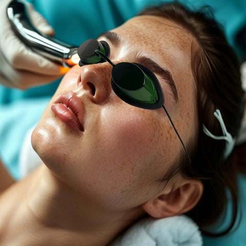Top Shelf Laser Safety Glasses For IPL And Red Light Therapy Featuring Solid Polycarbonate Lenses That Deliver Broad 200 To 2000nm Eye Protection No Sweat Guaranteed, worn during treatment.