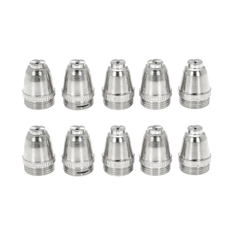 0.45 Inch Plasma Cutter Nozzles Tip Consumables 50 Pack For AG-60 in a row, metal nozzles on white background