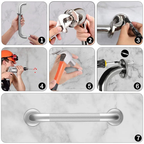Step-by-step installation of Super Duper Top Shelf Badass Stainless Steel Shower Grab Bars 2 Pack 16 Inch in bathroom.