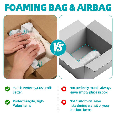 Foaming Bag & Airbag comparison showing Expandable Foam Cushioning Packing Pouches 20 Pack 14X16 Inch Heavy Duty Wrap Bags for Shipping.