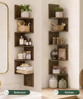 Total Game Changer Corner Wall Shelves Five Tier Floating Storage Rack With Trendy Zigzag Design Columbia Walnut Finish in bathroom and kitchen.