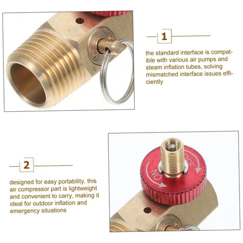 Close-up of a Rock Solid Brass Safety Valve For Air Tank Manifold With Fill Port And Npt Hose Valve, showing fittings and design details.