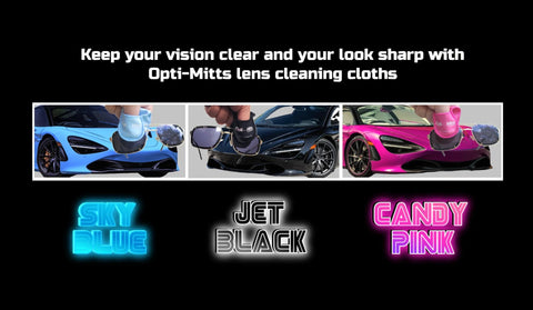 Opti-Mitts eyeglass cleaning cloths, 3-pack microfiber lens wipes in sky blue, jet black, candy pink