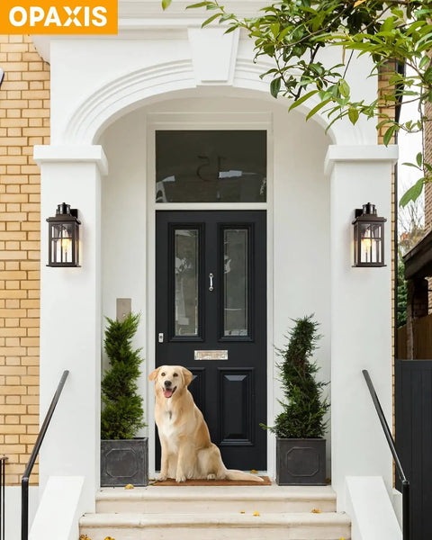 Badass Adjustable Motion Sensor Outdoor Lights Oil Rubbed Bronze Wall Mount Porch Sconce by front door with golden retriever.