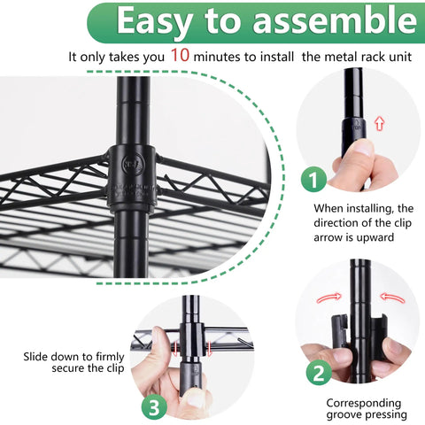 Easy assembly instructions for the Killer Five Tier Wire Shelving Unit Beefed Up Metal Storage Rack With Adjustable Shelves.