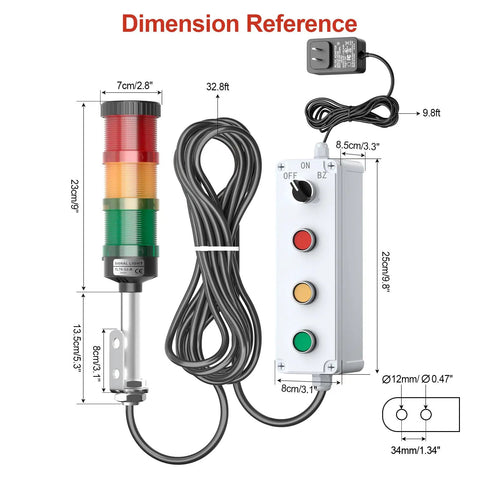 Triple Stack LED Andon Tower Light With Buzzer 24VDC Red Yellow Green Signal Lights Off On 32.8ft Extension Cord and 9.8ft adapter