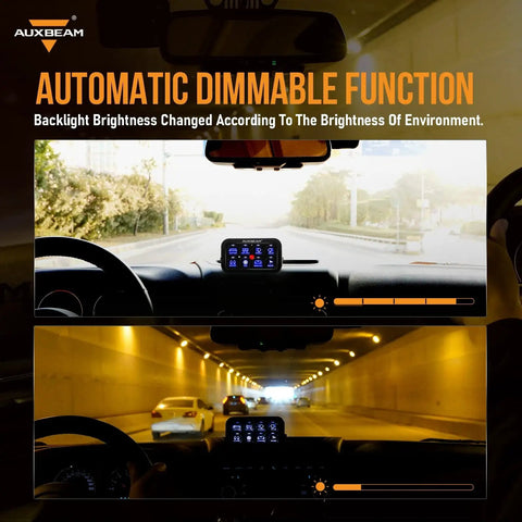 8 Gang Switch Panel With Auto Dimmable LED Touch Control in vehicle showing day and night brightness adjustments, IP65, 12-24V, 60A Max