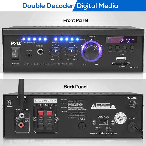 Front and back panels of Dope Bluetooth Stereo Amplifier Receiver Delivers 2 X 120W Power For Home Audio with controls and connections