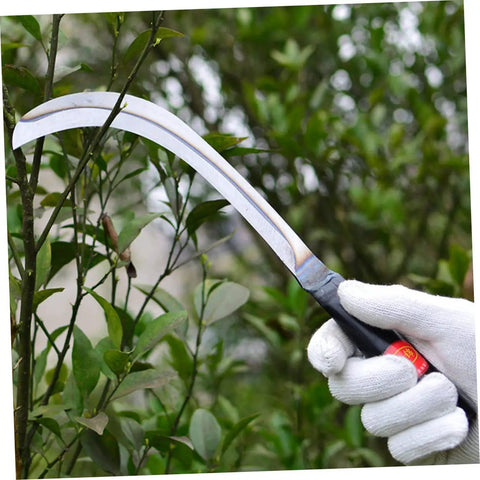 Person using 13 Inch Scythe Mowing Knife With Sharp Rustproof Steel Blade For Gardening Weeding And Lawn Care With A Top Notch Grip