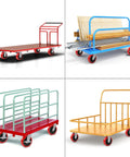Four industrial carts with red polyurethane caster wheels, different designs including flatbed and railings, illustrating diverse uses.