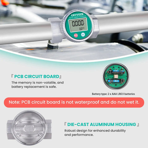 Waterproof 1.5 Inch Digital Fuel Flow Meter With EMI Protection installed on pipe showing LCD display and PCB details.