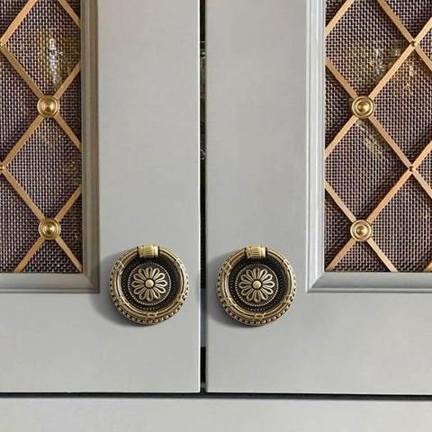 Antique Brass Ring Pulls Set Of 30 Solid Brass Cabinet Knobs And Drawer Handles, Vintage European Style With Satin Gold Finish