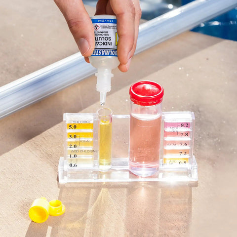 Total Game Changer Swimming Pool And Spa Water Test Kit For Chlorine Bromine Ph And Alkalinity showing testing process with color change.
