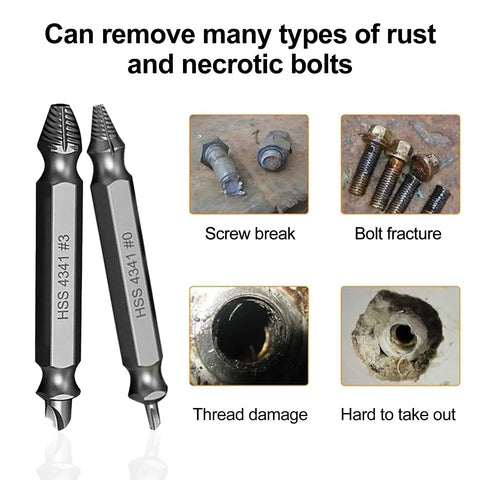 Pro Grade Screw Extractor Set For Removing Stripped Rusty And Broken Hardware with examples of bolt and screw damage.