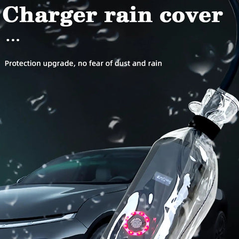 Heavy Duty All Season Road Ready Universal Fit Waterproof EV Charger Cover Shield protecting charging plug from rain.