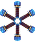 Professional Grade Titanium Hex Head Bolts M6 X 18 mm With Flat Washers In Sharp Burnt Blue Anodized Finish arranged in a star pattern.