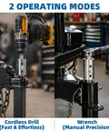 Heavy Duty Trailer Jack Drill Adapter For 1 Inch Cordless Shafts And Half Inch Square Drive Rust Proof Stainless Build in use with cordless drill and wrench.