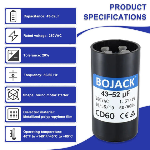 Heavy Duty Cd60 Round Motor Start Capacitor 43 To 52 Mfd 250 Vac with specifications on capacitance and voltage.