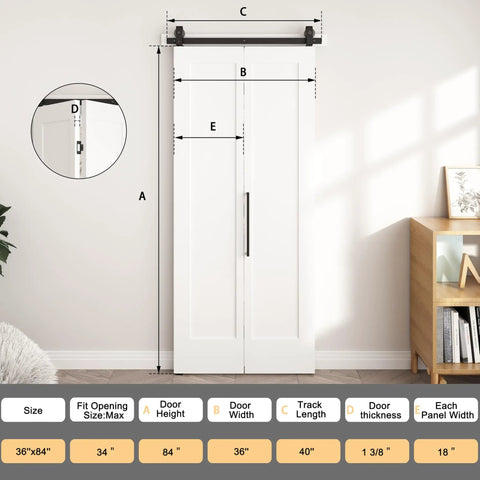 Image showing 36 By 84 Inch Bifold Barn Door Single Panel Primed White, dimensions and use for closet organizer.