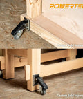 Four Pack Quick Release Workbench Caster Plates with Pins on wooden bench, casters sold separately.