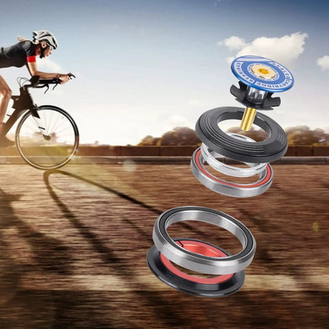 Premium Anodized Aluminum Alloy Bicycle Headset Delivers Buttery Smooth Steering For Trail Shredders Tapered Tube showing internal components with a cyclist in motion.