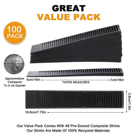 Bulletproof Black Composite Shims For Leveling Heavy Duty Plastic Furniture Levelers And Table Wedges Built Tough For Contractors And Diy Hustlers To Get The Job Done Right No Sweat, showing 100 pack and tapered measurements.