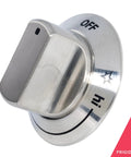 Stovetop Burner Knob For Gas Ranges And Stoves Chrome Replacement Part Pro Grade Durable Easy Install Universal Fit High Temperature Control Kitchen Upgrade For Precise Flame Adjustment And Long Lasting Performance, close-up view of a Frigidaire chrome knob with off and high settings visible.