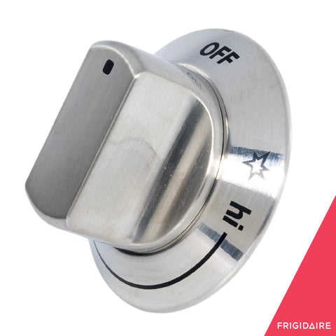 Stovetop Burner Knob For Gas Ranges And Stoves Chrome Replacement Part Pro Grade Durable Easy Install Universal Fit High Temperature Control Kitchen Upgrade For Precise Flame Adjustment And Long Lasting Performance, close-up view of a Frigidaire chrome knob with off and high settings visible.