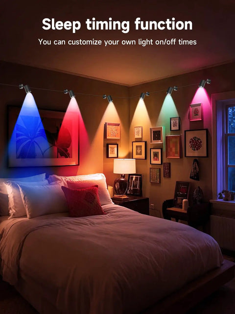 Bedroom with RGB LED Indoor Spot Lights With Color Changing, App And Remote Control, Music Sync, Timer Function, Ambient Uplighting