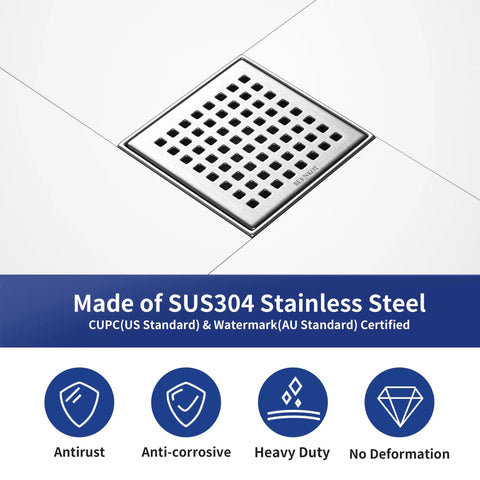 Square Shower Drain 4 Inch Brushed 304 Stainless Steel Dual Filter Fast Water Flow Rust Proof CUPC Certified heavy duty drain grate