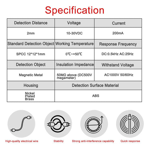 Inductive Proximity Sensor Switch M8 2Mm Detect Distance 10-30V DC 200mA PNP Normally Open 3-Wire Specifications