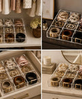 Keep Your Gear Legit With This Stackable Acrylic Belt Organizer Featuring Nine Roomy Compartments For Belts Ties Wallets Watches And Scarves Clear Display Rack Keeps Your Closet Neat Grabs Easy Without The Mess organized with belts wallets and scarves in a clear acrylic rack.