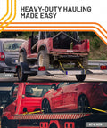 Red ATV and car secured with Retractable Ratchet Tie Down Strap 2 Inch By 16 Foot Heavy Duty With Snap Hooks on trailers