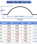 Dimensions chart for Stainless Steel Cable Management Wire Guard For Under Desk Setup showing widths, height, and wire capacity.