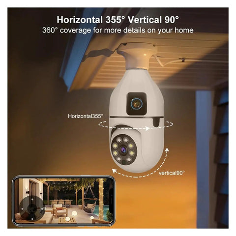 Dual Lens Indoor Wireless Security Camera Featuring Straight Up Crystal Clear Video And Kickass 360 Pan Tilt With Full Color Night Vision Smooth Dual Band WiFi Streaming And Legit Motion Tracking Alerts For Solid Home Protection, mounted for 355° pan and 90° tilt.