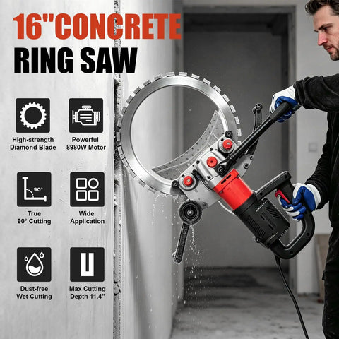16" CONCRETE RING SAW cutting through a wall, featuring 8980W motor and high-strength diamond blade for precise cuts.