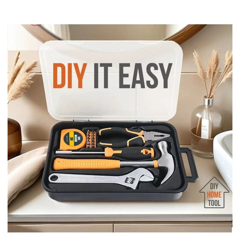 All In One 26 Piece Home Tool Set DIY Kit In Yellow Carrying Box for Men and Women, open on bathroom counter