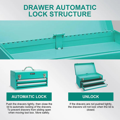 Damn Solid Steel Tool Chest With Secure Locking Drawers For Serious Workshop Storage Featuring Knockout Turquoise Powder Coat Finish lid close-up with automatic lock structure.
