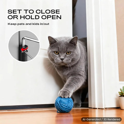 Top Notch Self Closing Door Hinges Heavy Duty Spring Mechanism Quiet Auto Shut Matte Black Finish with cat playing on floor.