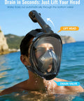 Person wearing G2 Full Face Snorkel Mask With Dry Top System Foldable 180 Degree Epic Panoramic View Snorkeling Mask With Camera Mount