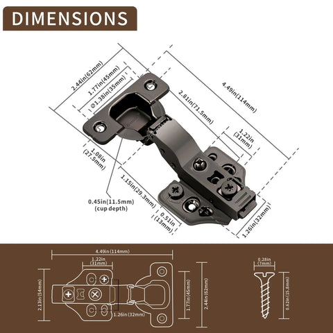 Dimensions of Twenty Pack Inset Soft Close Cabinet Hinges measuring 4.49in x 2.44in, ideal for kitchen cabinet upgrades.