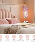 Rose Gold Crystal Touch Lamps Set Of 2 With Dual USB Ports, 3 Way Dimmable Nightstand Lights beside pink quilted bed