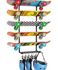 Heavy Duty Five Tier Skateboard Rack Wall Mount With Ten Coated Clips For Helmets Plus Gear; holds five boards and gear securely.