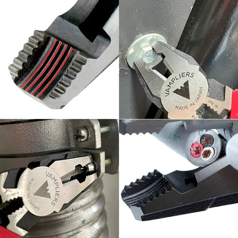 Two Piece Screw Extractor Pliers Set With 8 Inch Lineman Pliers And 5 Inch Mini Screw Remover, close-up on teeth grip and application.