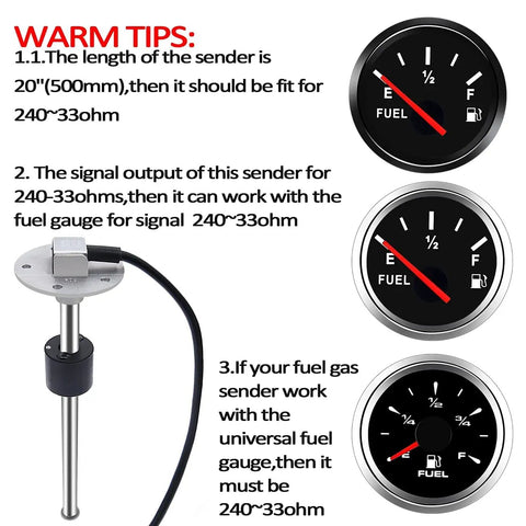 Heavy Duty Marine Fuel Gas Sender Featuring Stainless Steel Sending Unit Built Tough For Boats And Water Level Gauge Sensor with details on usage and signal output.