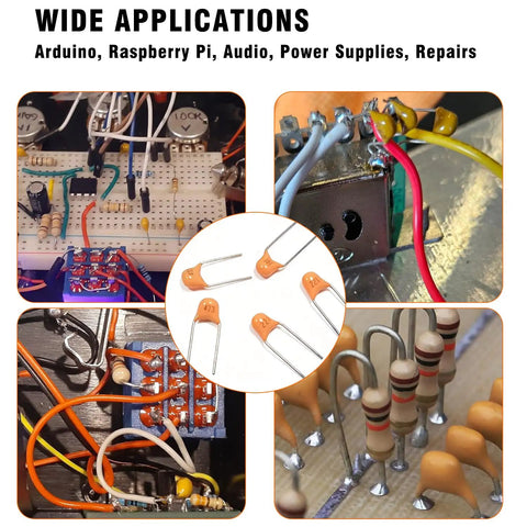 600 Piece Ceramic Capacitor Assortment Kit With 15 Essential Values From 10pF To 100nF shown in circuit projects and repairs.